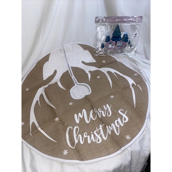 RUSTIC Deer Farmhouse Burlap Holiday CHRISTMAS TREE SKIRT New 29”farm - Picture 1 of 6
